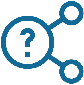 Three blue circles connected together by lines; one circle has a question mark in it.